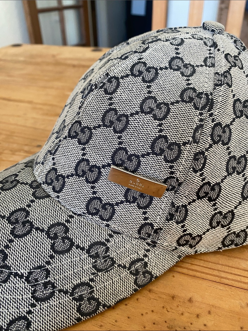 Gucci Black and Beige GG Monogram Baseball Cap with Gold Plaque